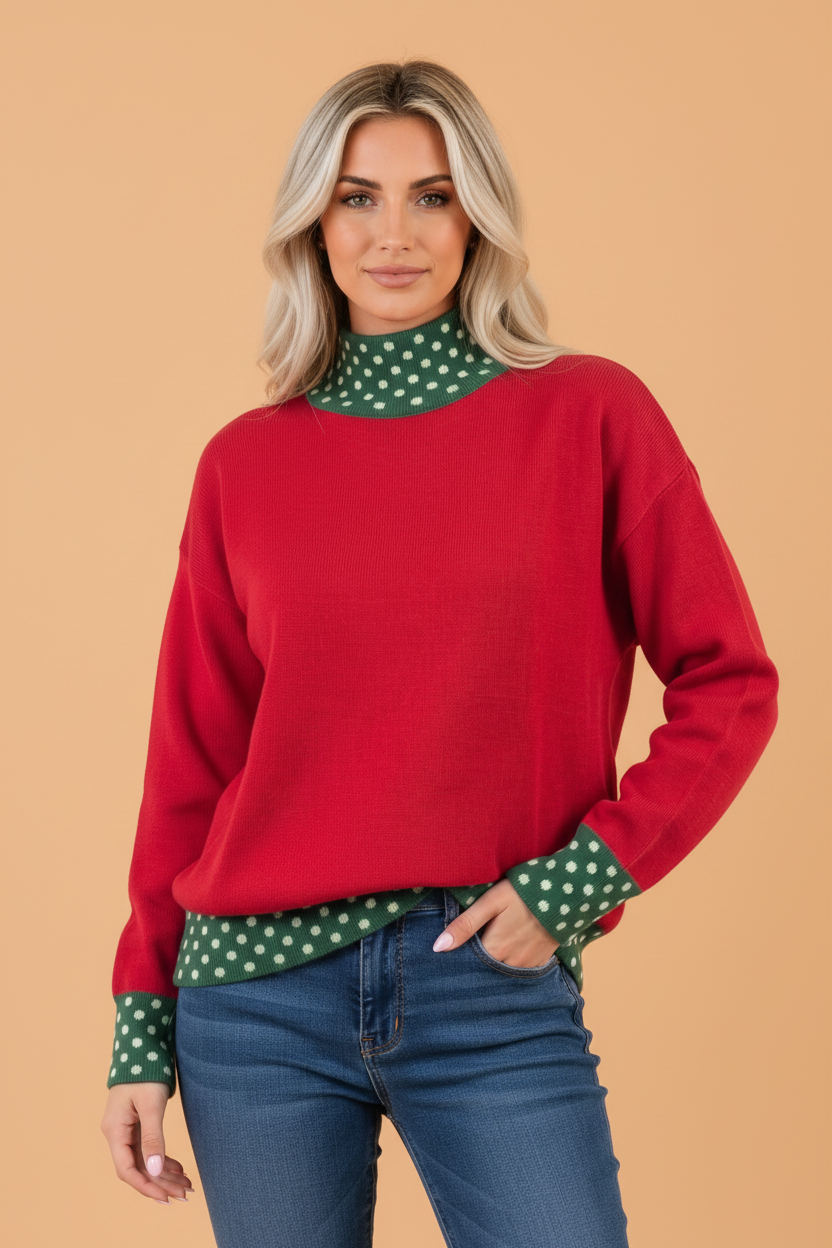PRETTY BASH Polka Dot Contrast Mock Neck Sweater