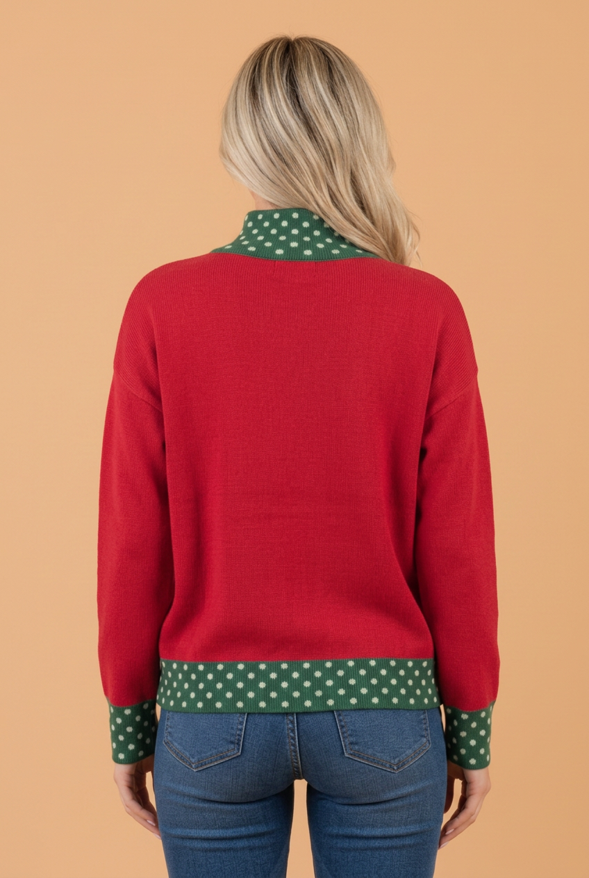 PRETTY BASH Polka Dot Contrast Mock Neck Sweater