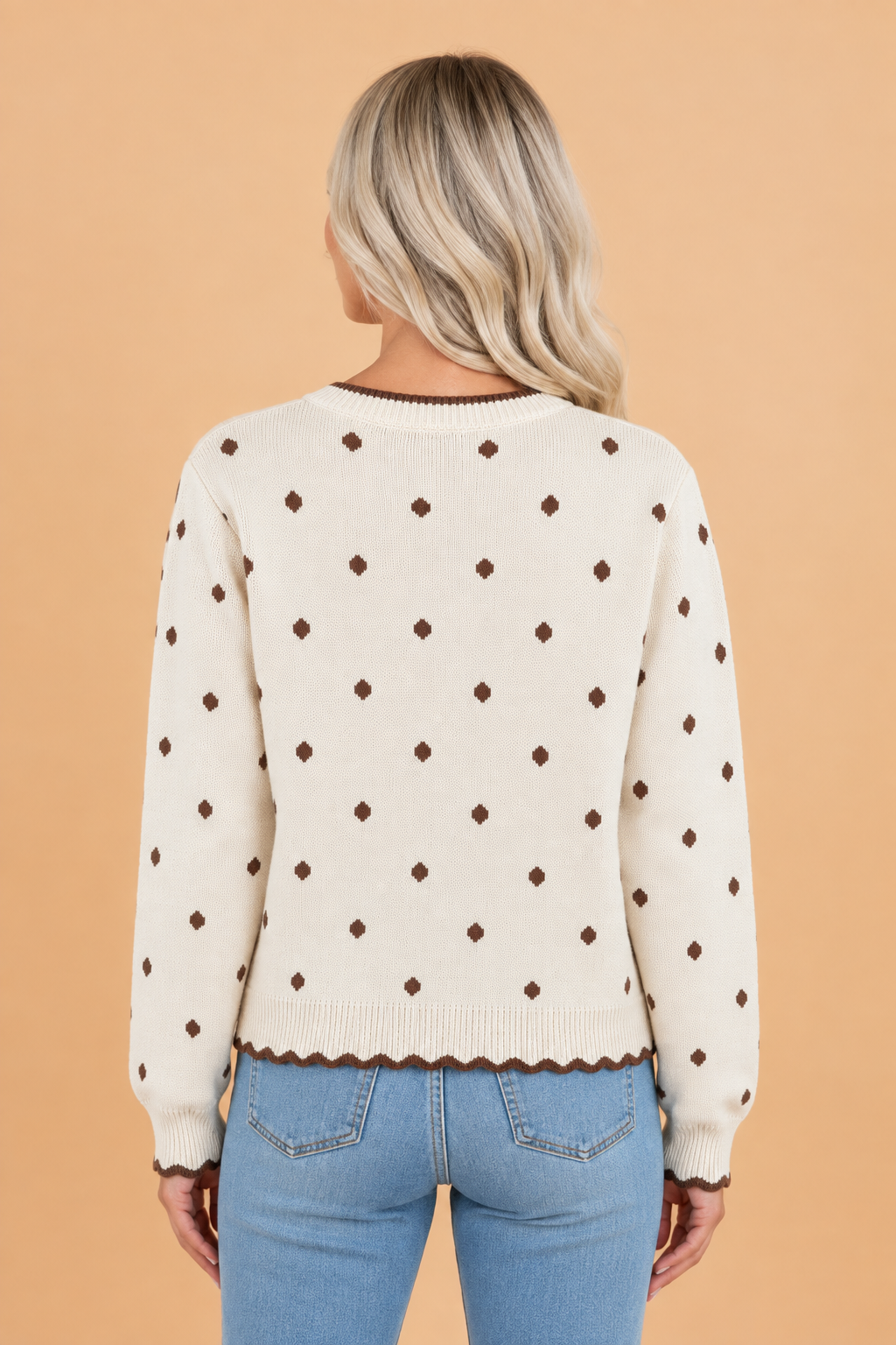 PRETTY BASH Polka Dot Scallop Contrast Trim Crewneck Sweater