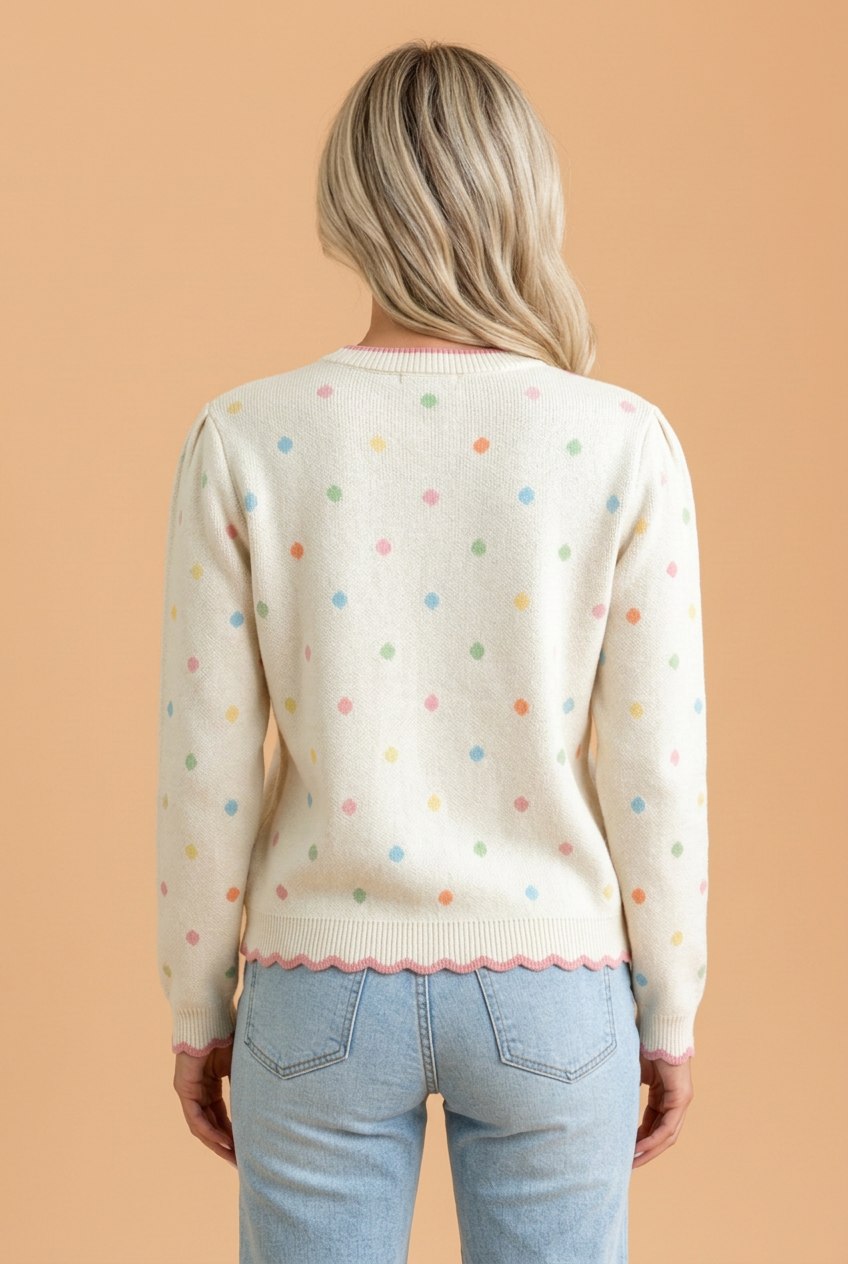 PRETTY BASH Polka Dot Scallop Trim Long Sleeve Sweater