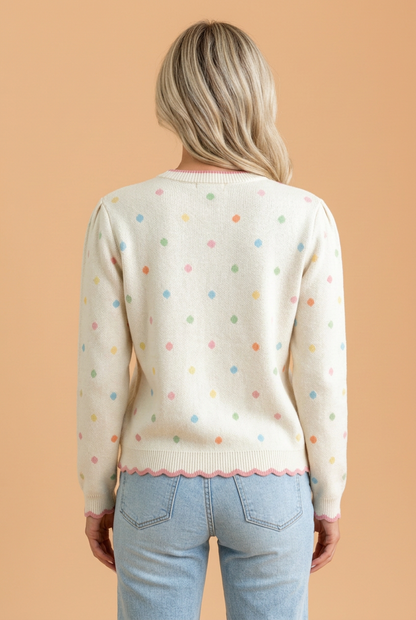 PRETTY BASH Polka Dot Scallop Trim Long Sleeve Sweater