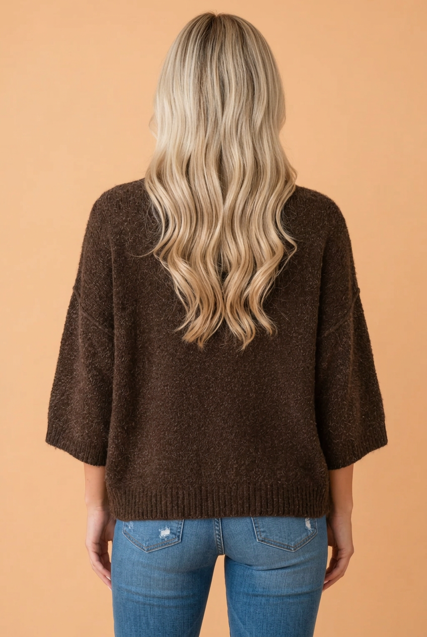 PRETTY BASH Solid Round Neck 3/4 Sleeve Knit Sweater