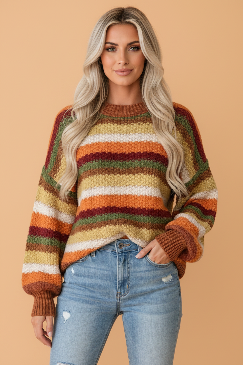 PRETTY BASH Stripe Chunky Textured Knit Puff Sleeve Sweater