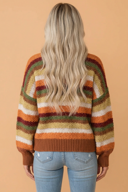 PRETTY BASH Stripe Chunky Textured Knit Puff Sleeve Sweater
