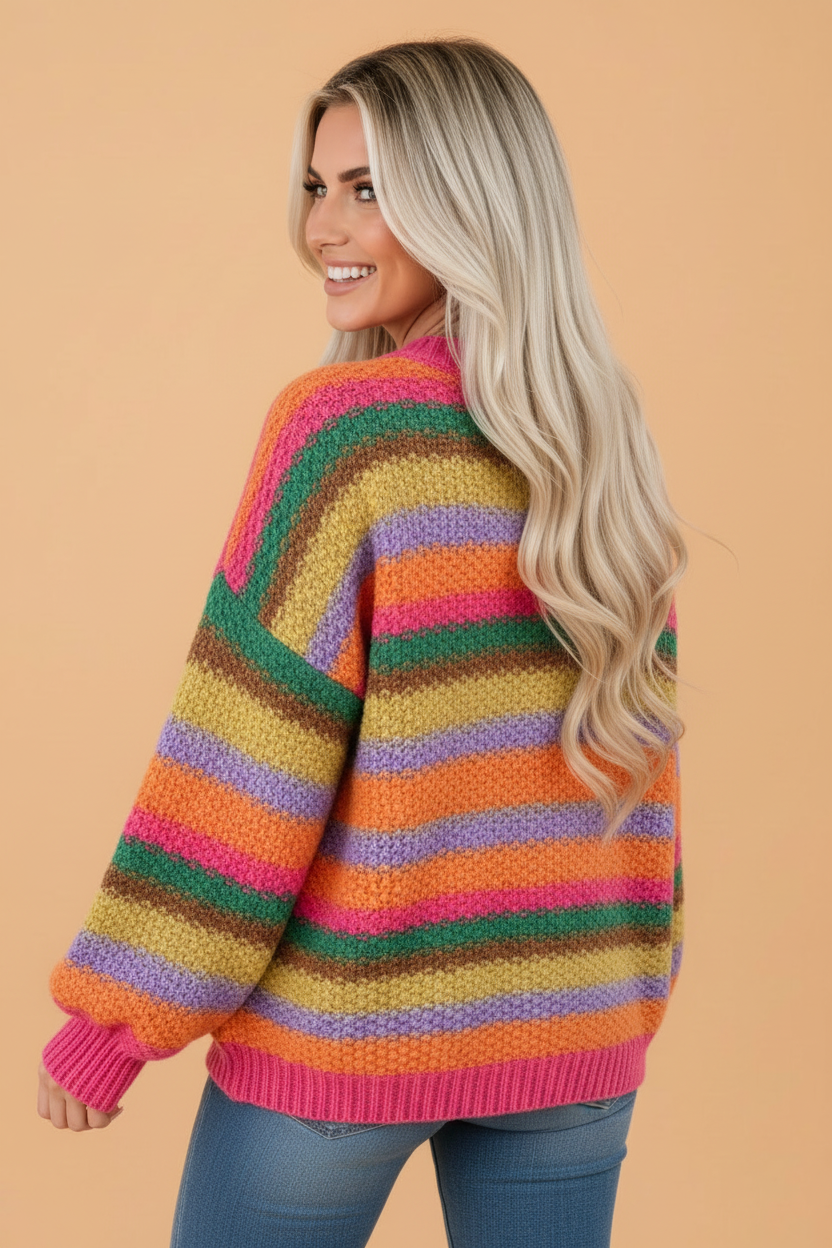 Stripe Chunky Textured Knit Puff Sleeve Sweater