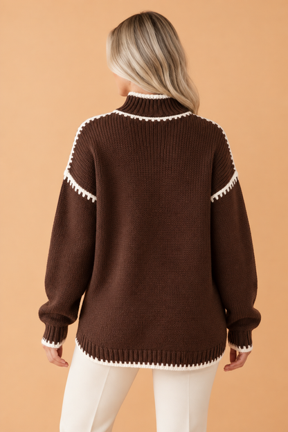 PRETTY BASH Contrast Trim Mock Neck Drop Shoulder Sweater