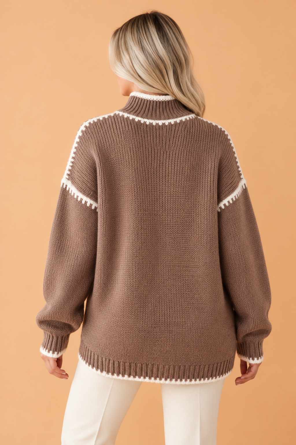 PRETTY BASH Contrast Trim Mock Neck Drop Shoulder Sweater