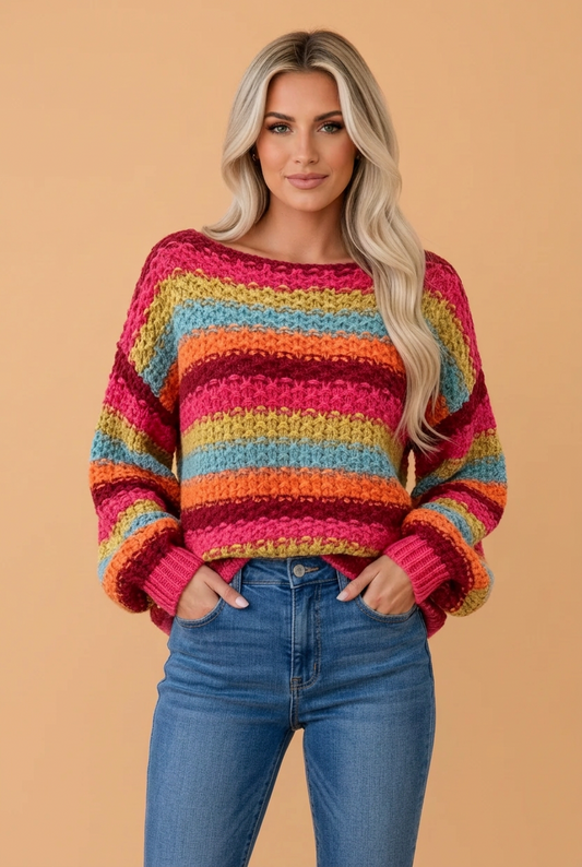 PRETTY BASH Stripe Crochet Knit Boat Neck Oversized Sweater