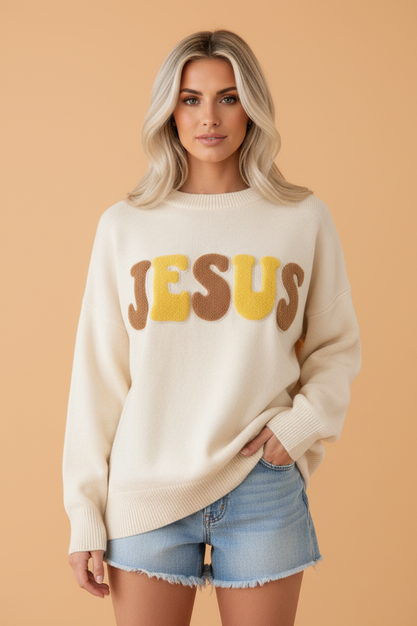 PRETTY BASH Jesus Textured Letter Print Long Sleeve Sweater