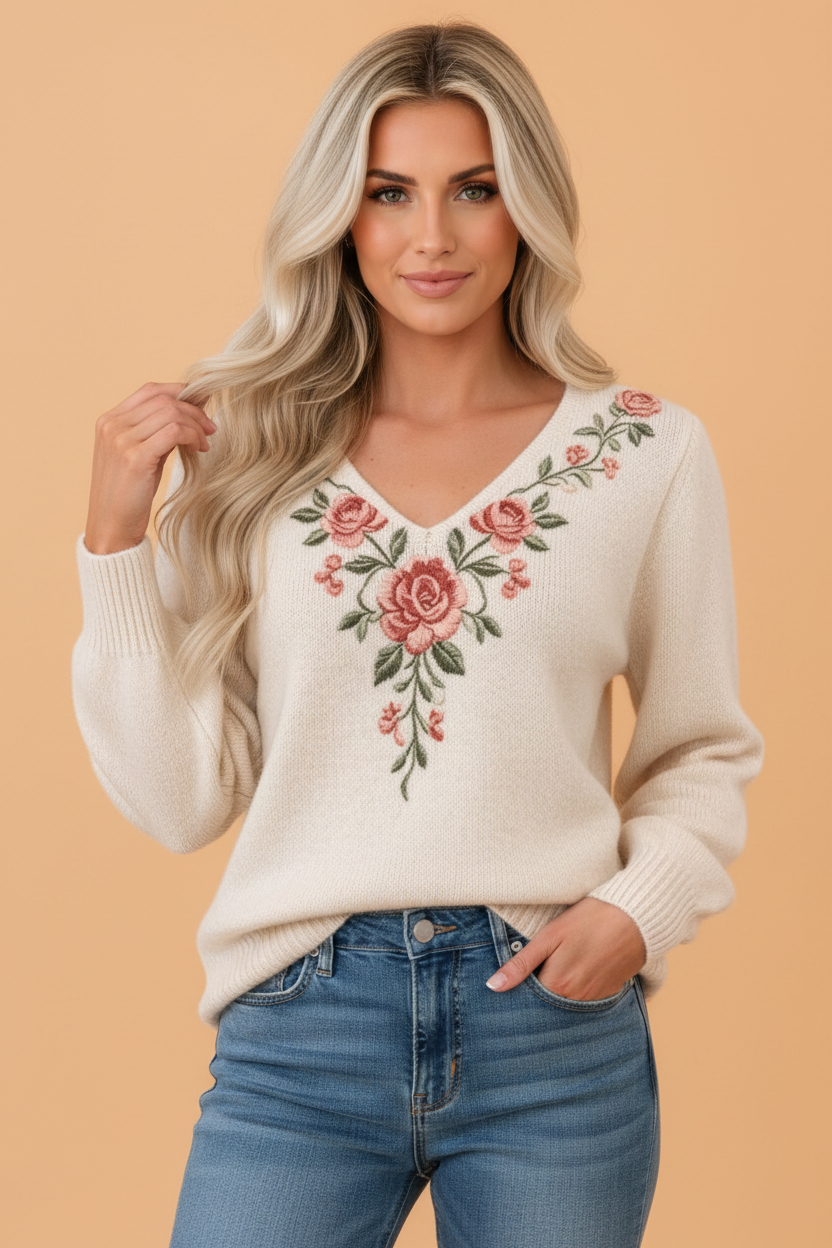 PRETTY BASH Floral V-Neck Ribbed Trim Long Sleeve Sweater