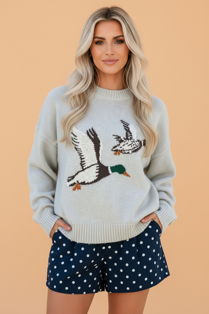 PRETTY BASH Mallard Graphic Drop Shoulder Crewneck Sweater