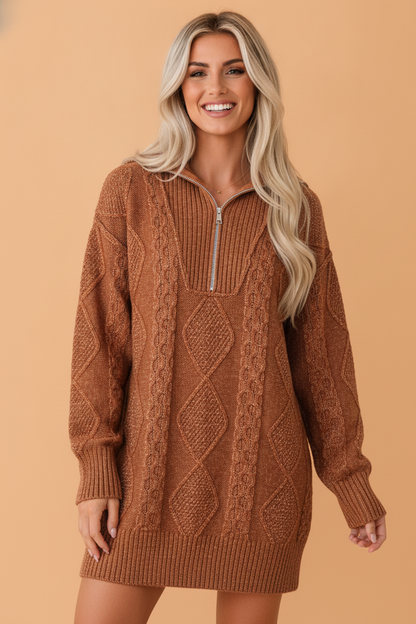 Solid Cable Knit Zip-Up Collar Long Sleeve Sweater Dress