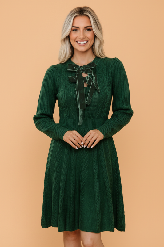 PRETTY BASH Solid Ribbed Cable Knit Ribbon Knot Mini Dress