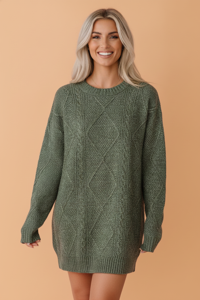 Solid Cable Knit Drop Shoulder Sweater Dress