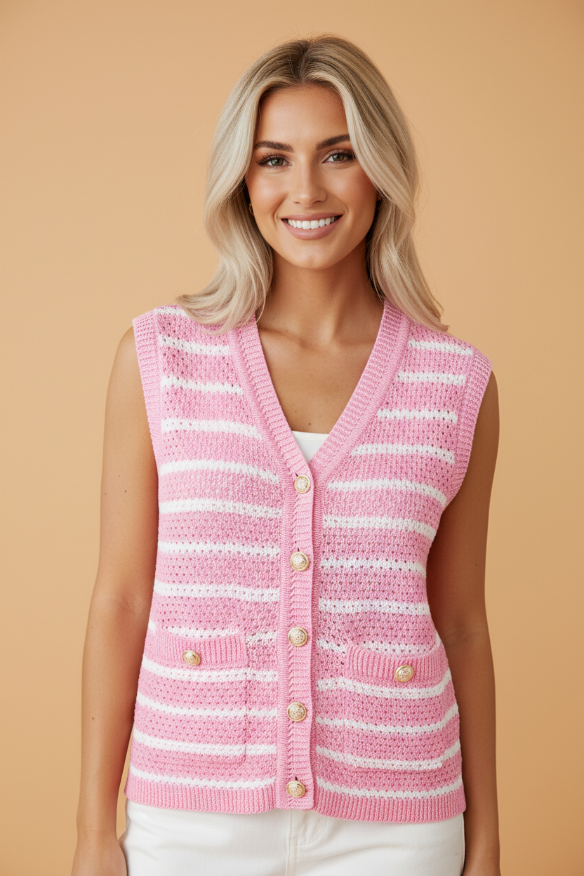 Stripe Buttoned V-Neck Sweater Knit Top