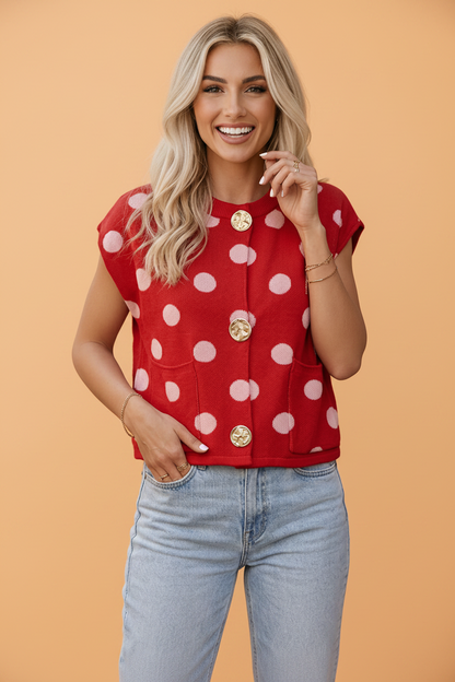 Polka Dot Drop Shoulder Buttoned Knit Vest