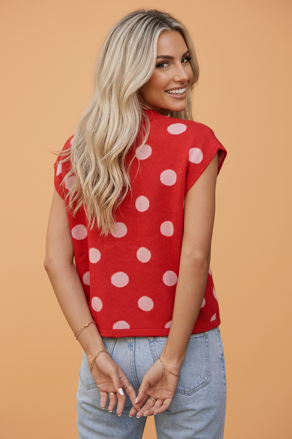 Polka Dot Drop Shoulder Buttoned Knit Vest