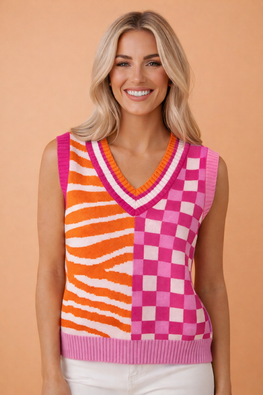 Stripe Checker Patchwork V-Neck Sweater Top