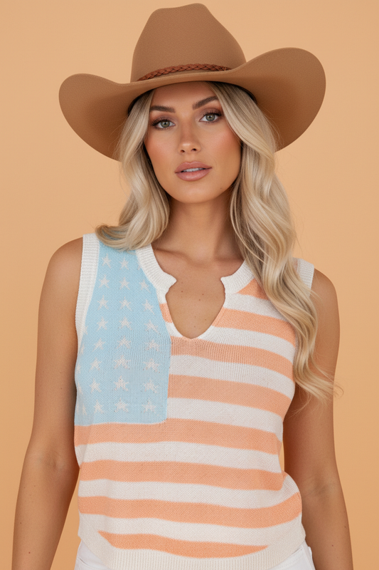 USA Flag Notch Neck Sleeveless Sweater Top