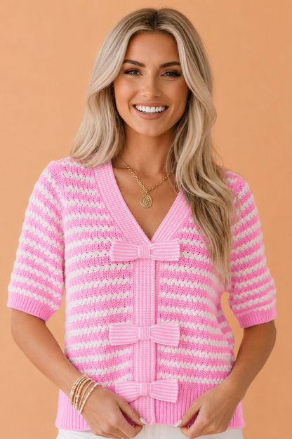 Stripe Bow Tie V-Neck Short Sleeve Sweater