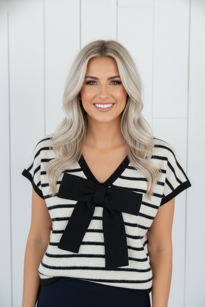 Stripe Bow Applique Short Sleeve Sweater