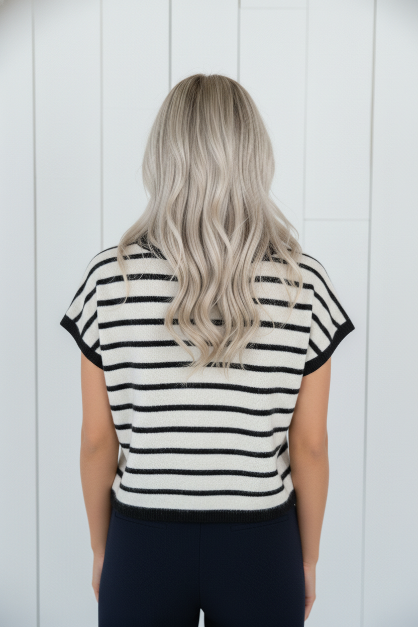 Stripe Bow Applique Short Sleeve Sweater