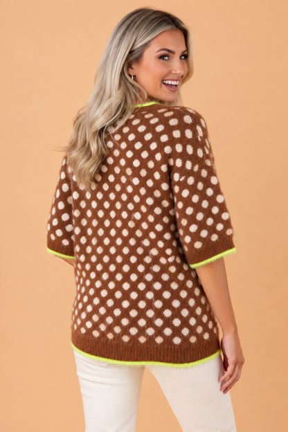 Polka Dot Contrast Trim 3/4 Sleeve Fuzzy Sweater