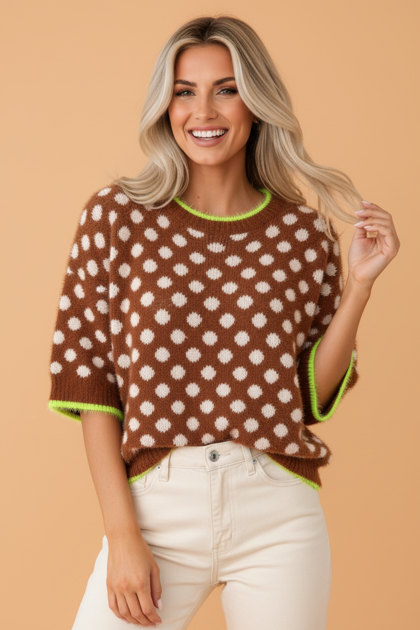 Polka Dot Contrast Trim 3/4 Sleeve Fuzzy Sweater