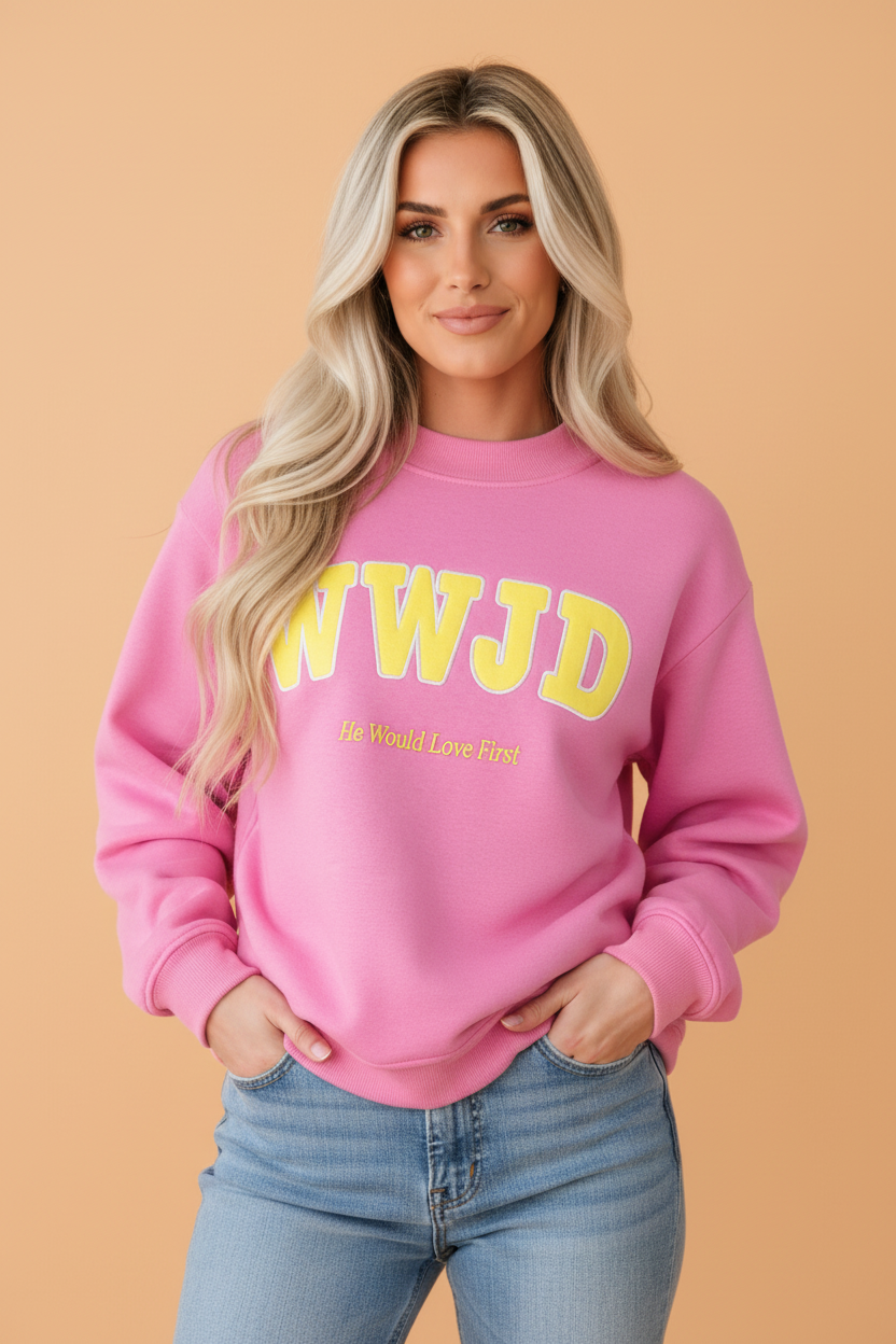 PRETTY BASH WWJD Embroidered Letter Print Mock Neck Sweatshirt