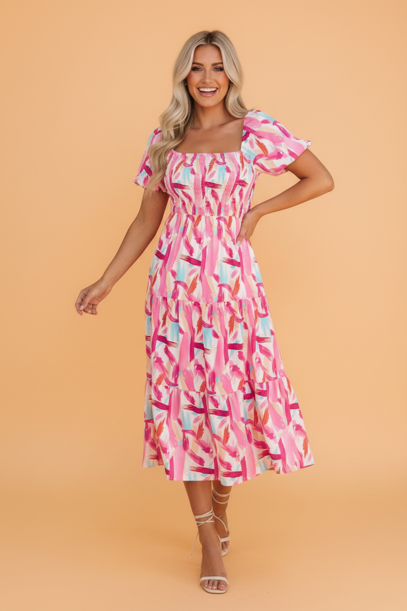 Abstract Brush Stroke Smocked Ruffle Tiered Dress