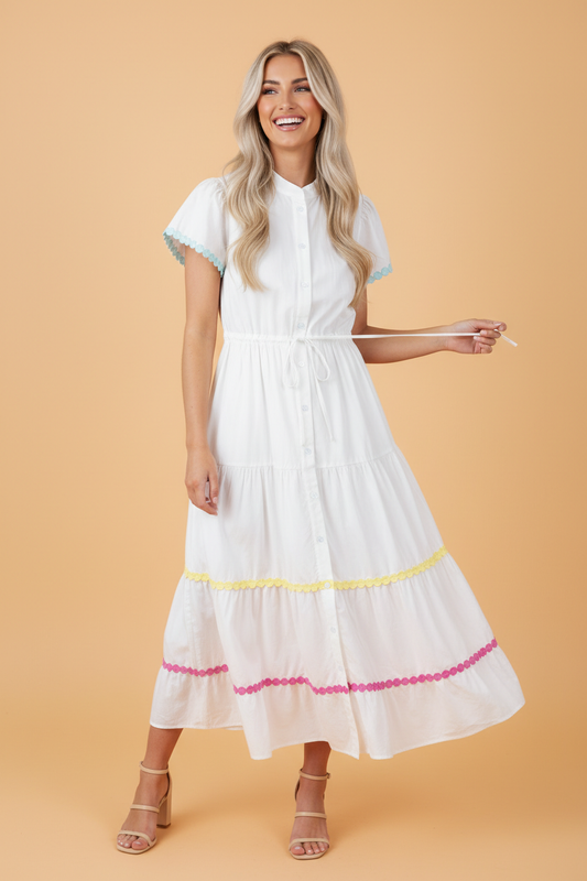 Colorblock Ricrac Trim Drawstring Waist Dress