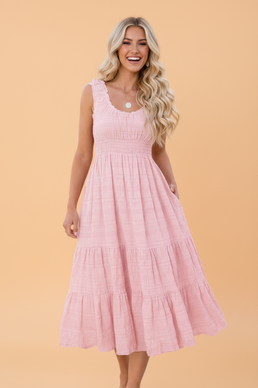 Shirred Pleated Square Neck Sleeveless Midi Dress