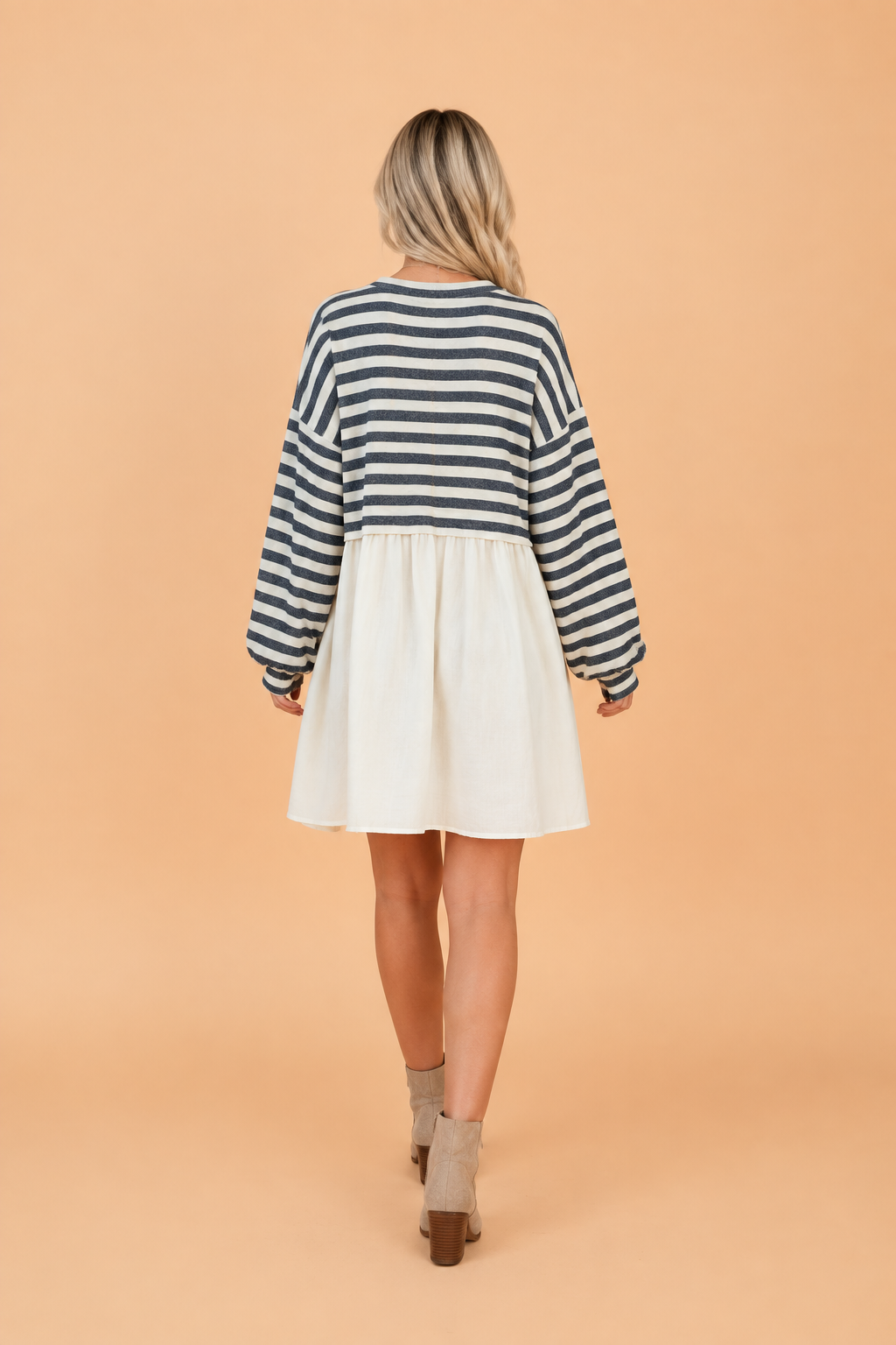 Stripe Patchwork Pocketed Long Sleeve Mini Dress