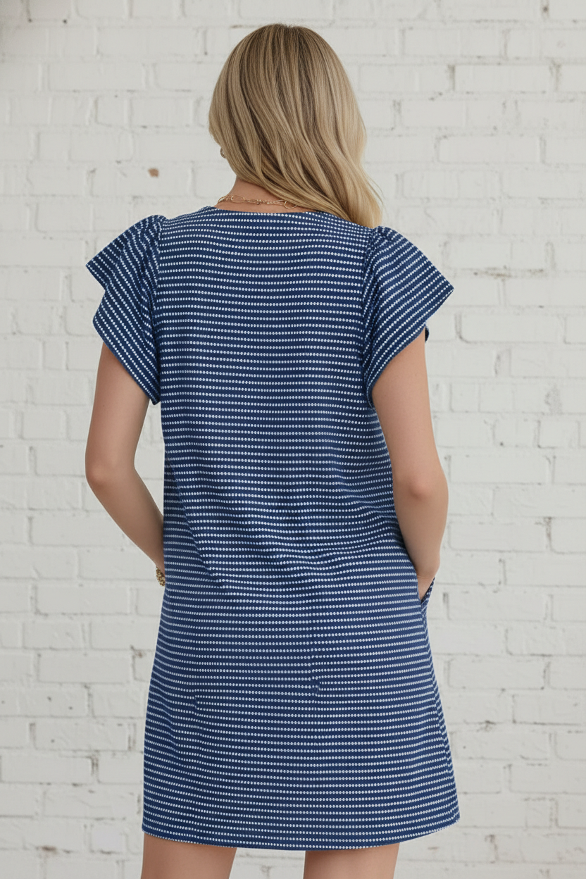 Stripe Textured Knit V-Neck Flutter Sleeve Mini Dress