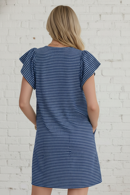 Stripe Textured Knit V-Neck Flutter Sleeve Mini Dress