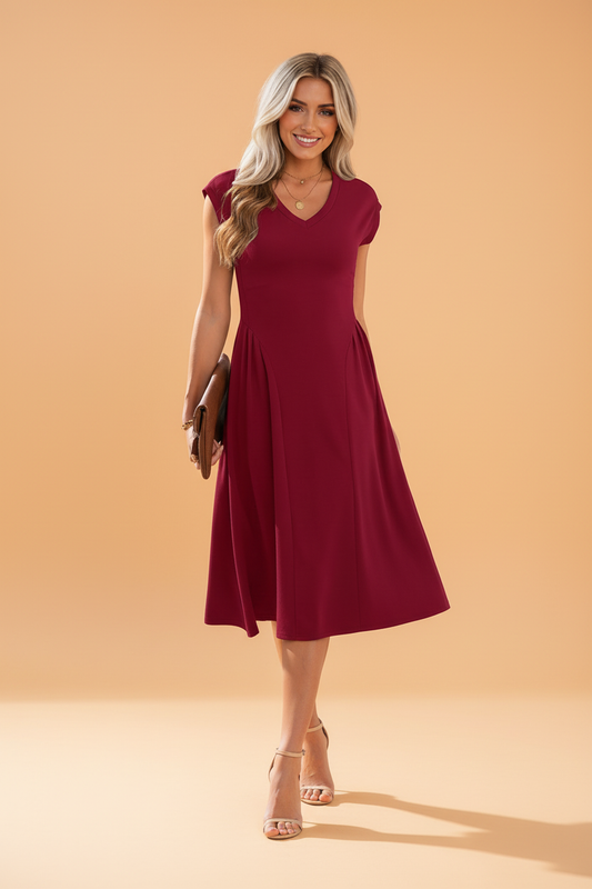 Solid V-Neck Pleated Flared Midi Dress