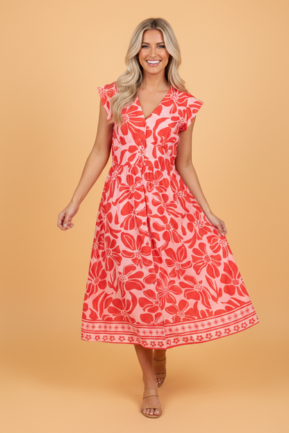 Floral Boho Short Sleeve V-Neck Buttoned Maxi Dress