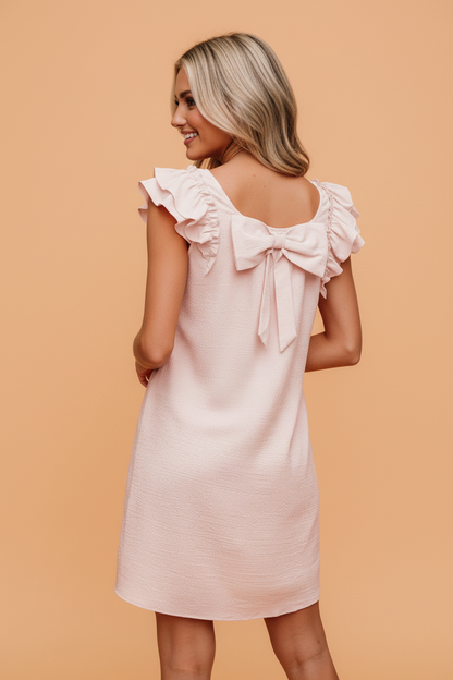 Textured Flutter Sleeve Square Neck Bow Back Dress