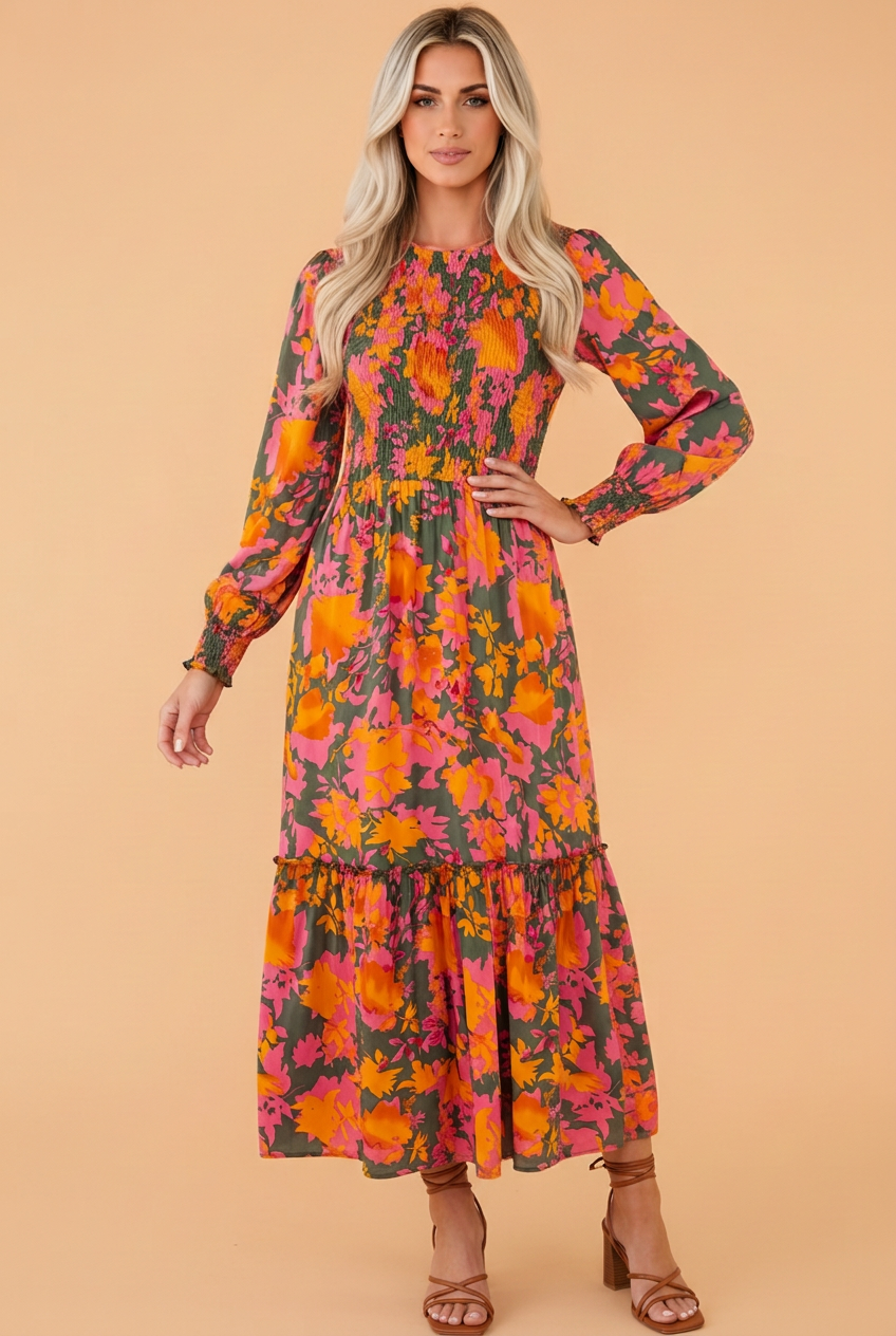 PRETTY BASH Floral Smocked Puff Sleeve Ruffle Maxi Dress