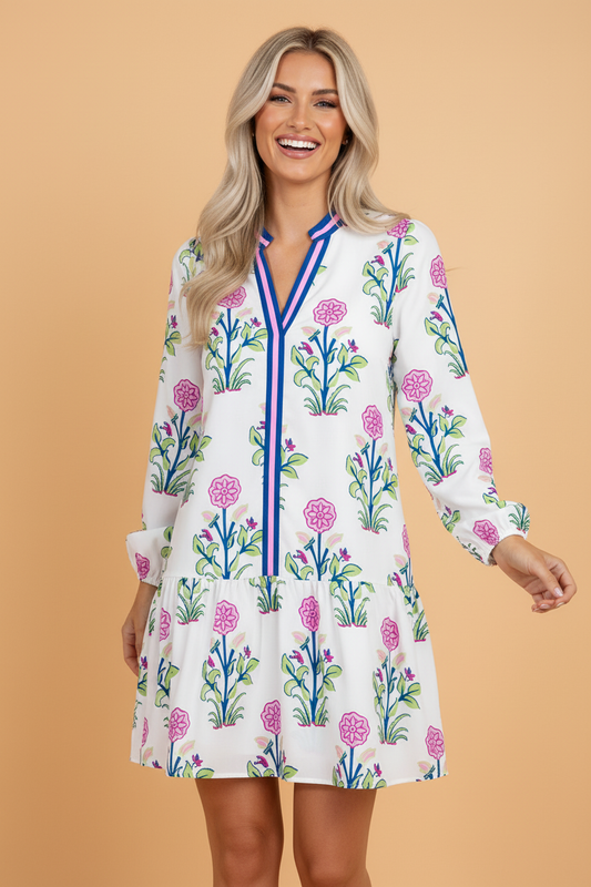 Floral Contrast Stripe Trim Notch Neck Dress