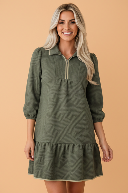 PRETTY BASH Textured Quarter Zip Collar 3/4 Sleeve Mini Dress