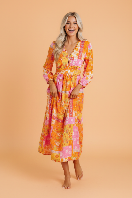 Floral Patchwork Cut-Out Tied Back Maxi Dress