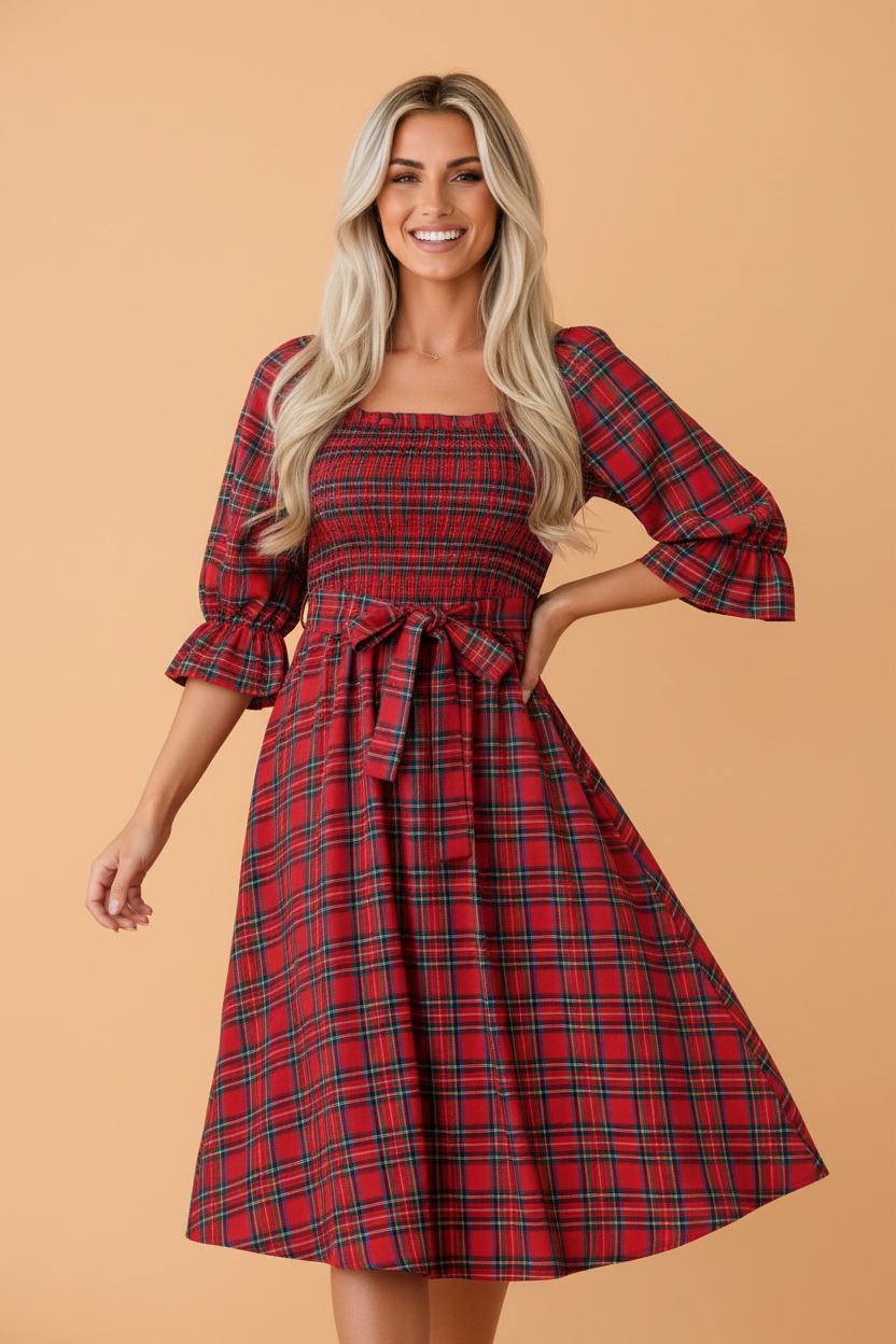 PRETTY BASH Plaid Square Neck Puff Sleeve Belted Midi Dress