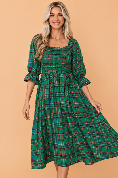 PRETTY BASH Plaid Square Neck Puff Sleeve Belted Midi Dress