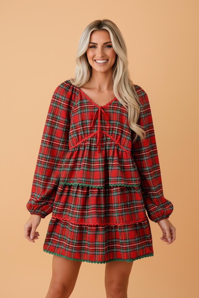 PRETTY BASH Christmas Plaid Ricrac Trim Bubble Sleeve Mini Dress