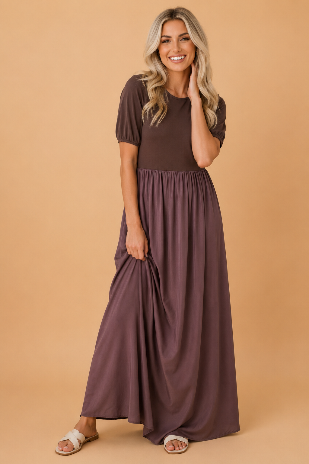 Patchwork Knit Short Sleeve Pleated Maxi Dress
