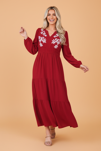 Floral Embroidered Long Sleeve Tiered Maxi Dress