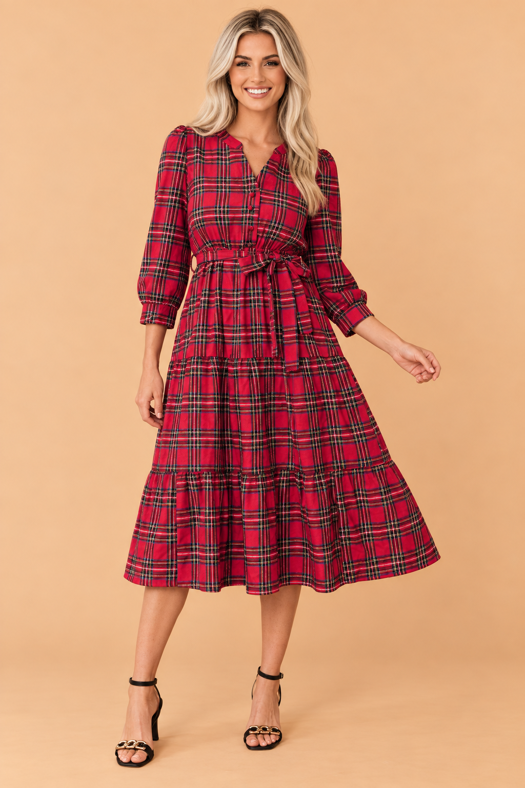 Plaid V-Neck Tie Waist Ruffle Hem Dress