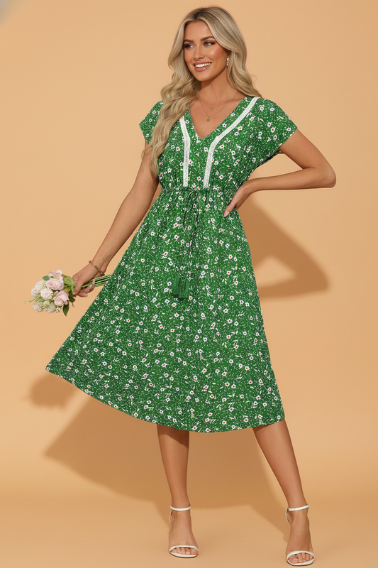 Floral Embroidered Trim V-Neck Drawstring Waist Dress
