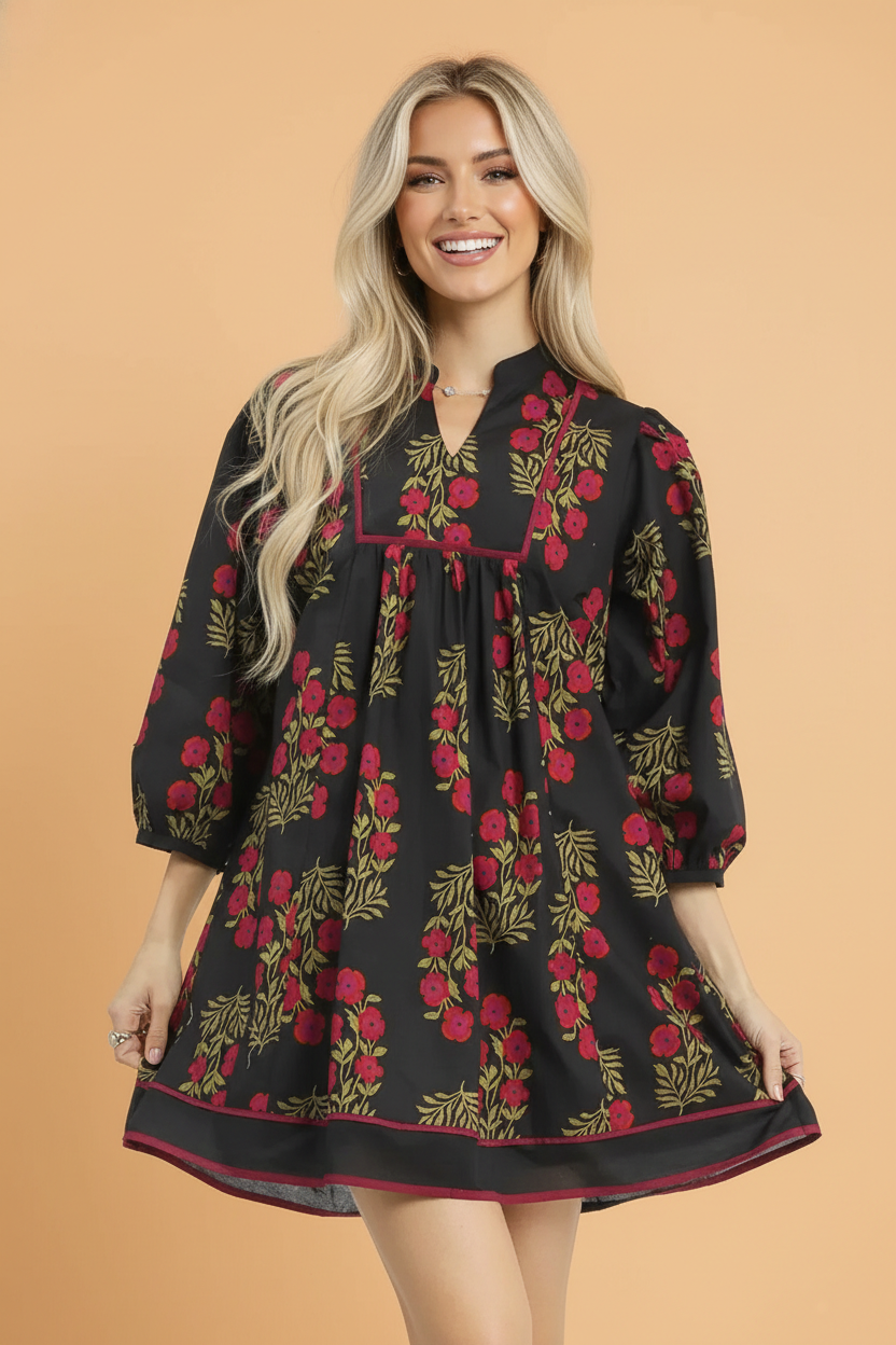 Floral Notch Neck Piping Trim Babydoll Dress